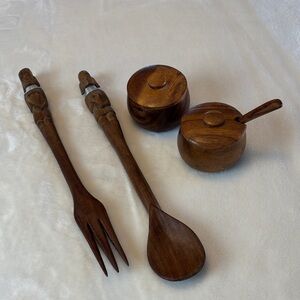 Mid-Century Wooden Dining Set with Carved Handles African Motif Condiment Bowls